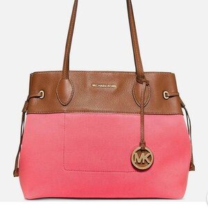 Michael Kors Marina Drawstring Tote Bag Coral & Brown Pebbled Leather -14"x11.5”